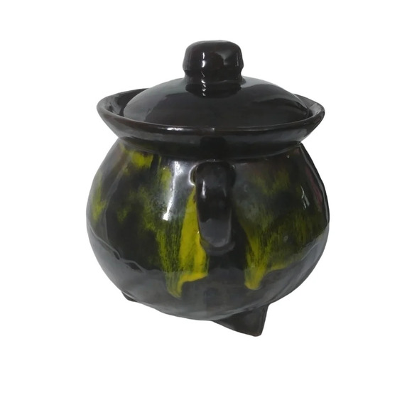 Vintage Glazed Soup Pot/Witch  Cauldron With Lid Handles Black Brown Green - Picture 2 of 8